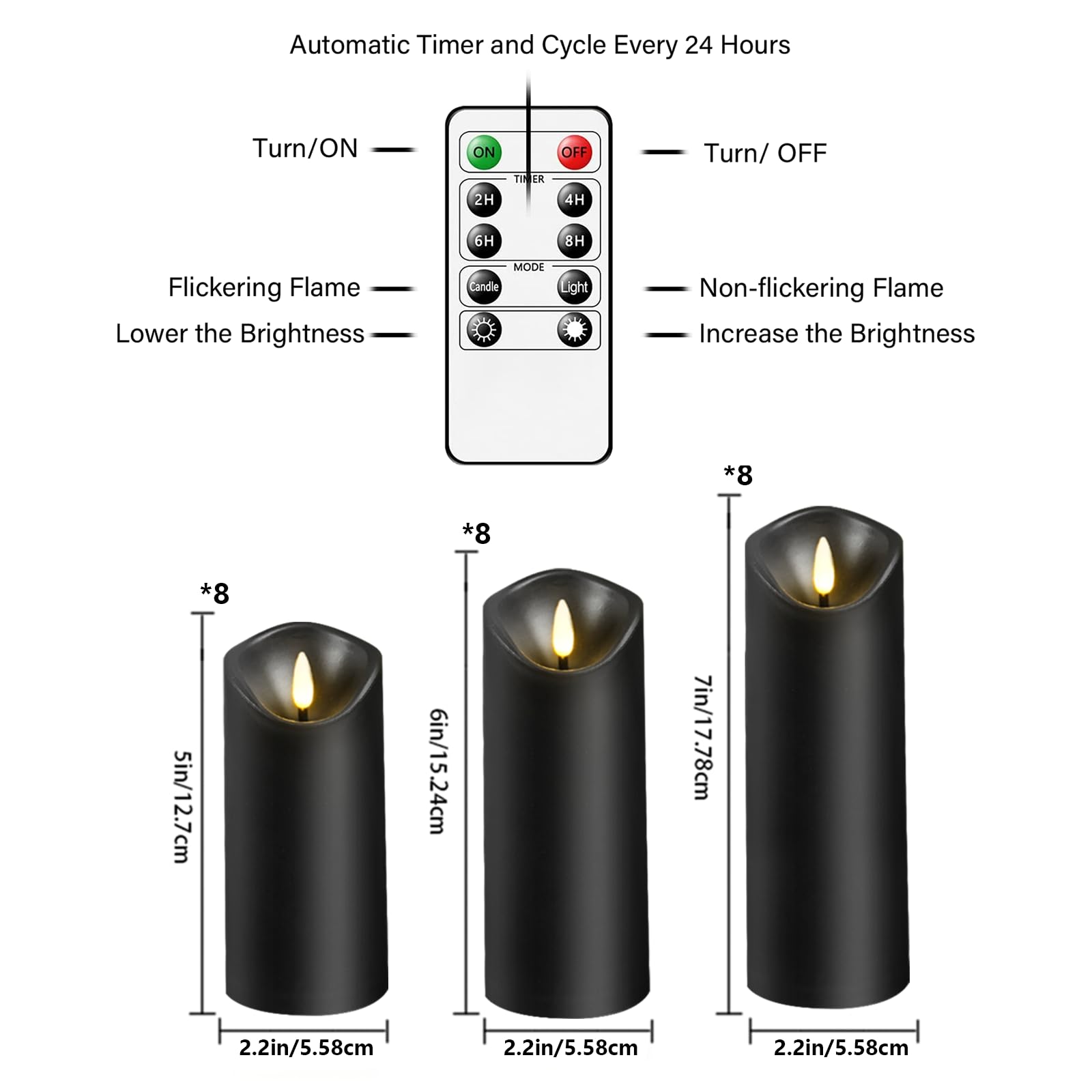 kakoya Lot de 24 bougies piliers LED sans flamme vacillante en plastique avec télécommande et minuteur Noir