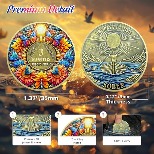 Image of Delicate Sunflower 3 Month Sobriety Coin - One Day at A Time 90 Day AA Sobriety Chip - Recovery Butterfly NA AA Chips and Medallions - 1-40 Years Living Clean Alcoholics Anonymous Gifts for Men Women
