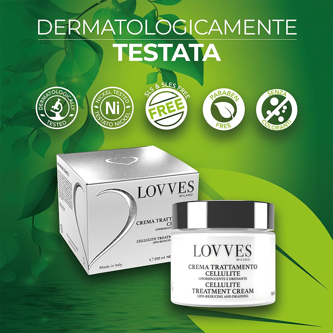 LOVVES Crema Anticellulite, Alta Cosmesi Naturale, Liporiducente e Drenante, Stimola La Circolazione, Alto Potere Idratante, Utilizzabile in gravidanza, Formato Vaso in Vetro 200ml