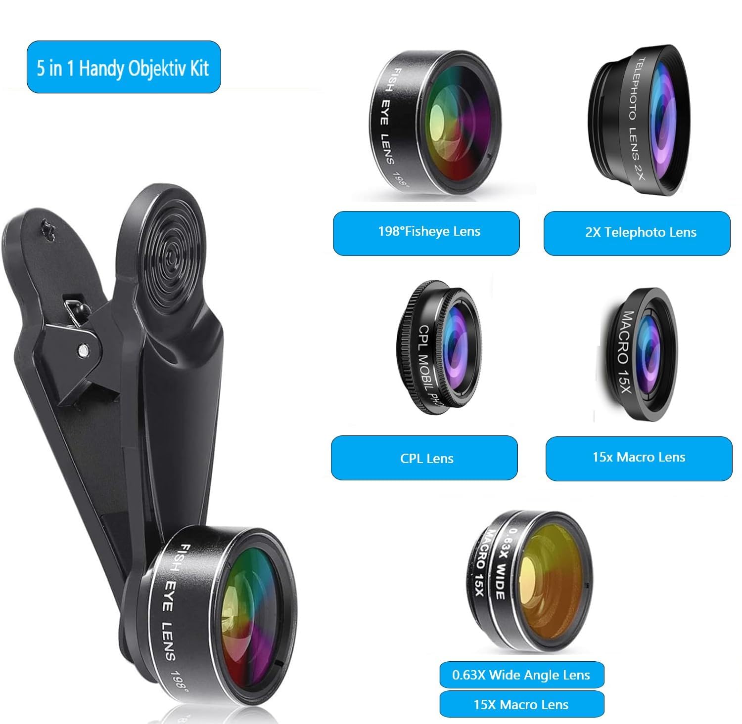 5 en 1 Objectif téléphone, lentille Smartphone,Objectif Fisheye 198°,Objectif Macro 15X+ Grand Angle 0.63,CPL/2X Téléobjectif pour la Plupart des Smartphones (Noir)