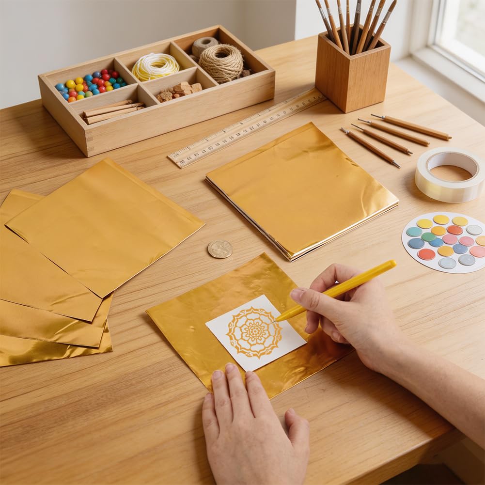 BENECREAT 100 hojas de lámina dorada en relieve de 15 x 15 cm, lámina metálica de aluminio para manualidades, cuadrados de estaño dorado para pintura, grabado, gofrado y proyectos artísticos