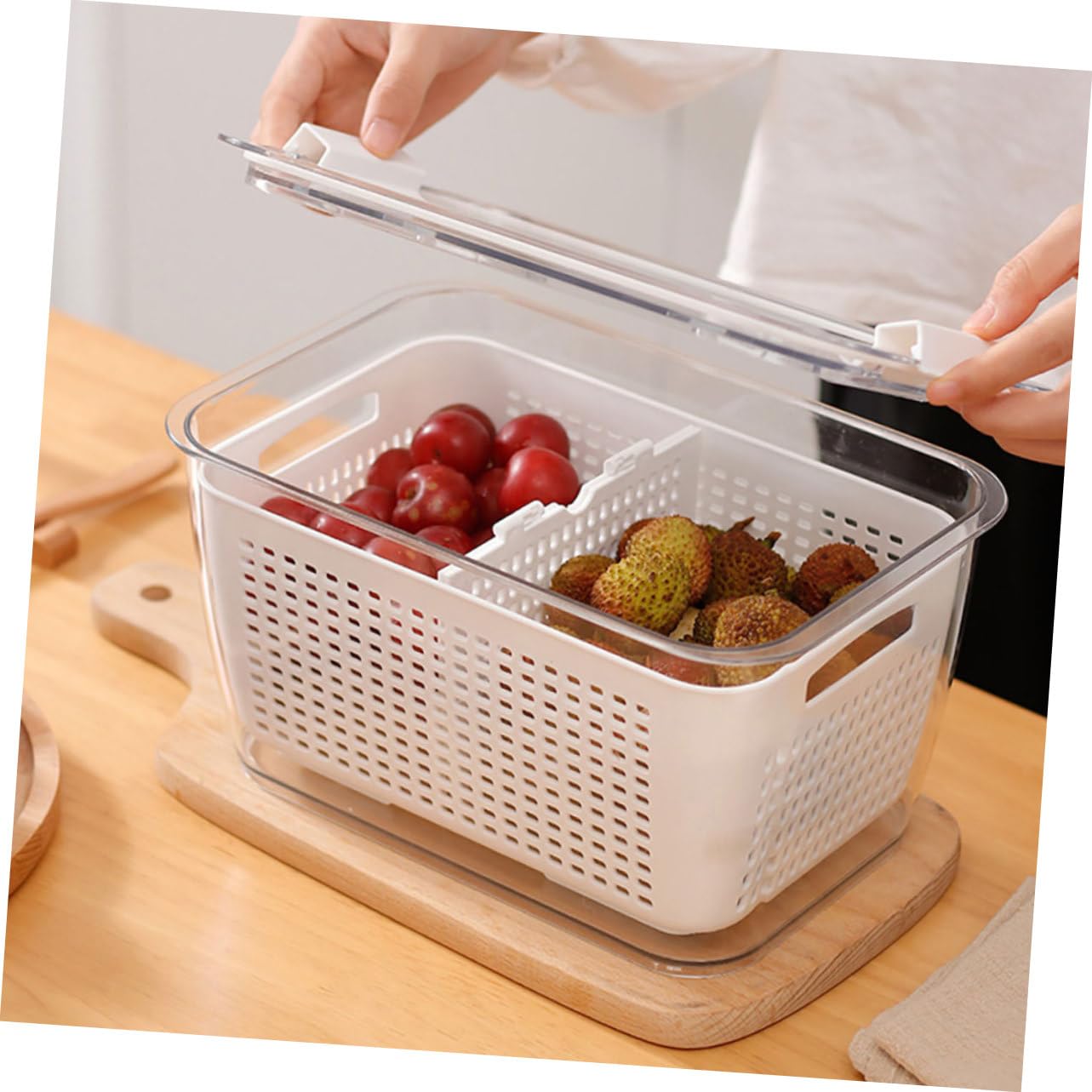 Cabilock Bacs de Rangement Multifonctionnels et Lot de 2 pour Réfrigérateur et 4,5l en Pet Blanc 1,7l Égouttoir Intégré Gain de Temps pour Légumes