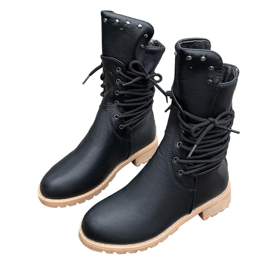 Womens Mid Calf Combat Boots Lace Up Riveted Motorcycle Casual Boots Faux Fur Warm Thermal Waterproof Platform Boots