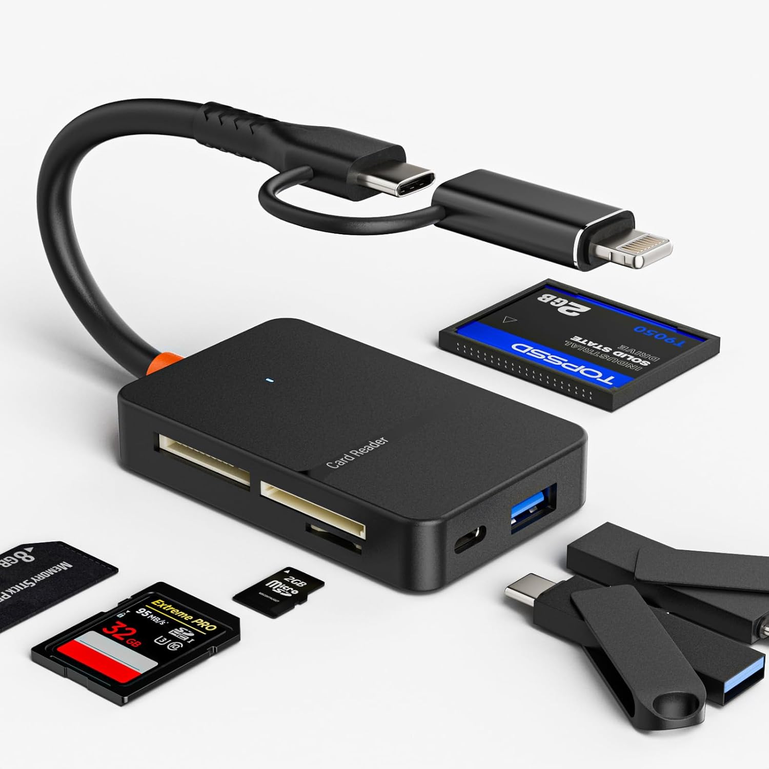 Memory Card Reader, 6in1 USB 3.0 and Lightning to SD Micro SD MS CF Card Reader Adapter with 5Gbps USB-A/C Data Ports, 4 Cards Simultaneously Read and Write, for iPhone, Laptop, MacBook, iPad and More