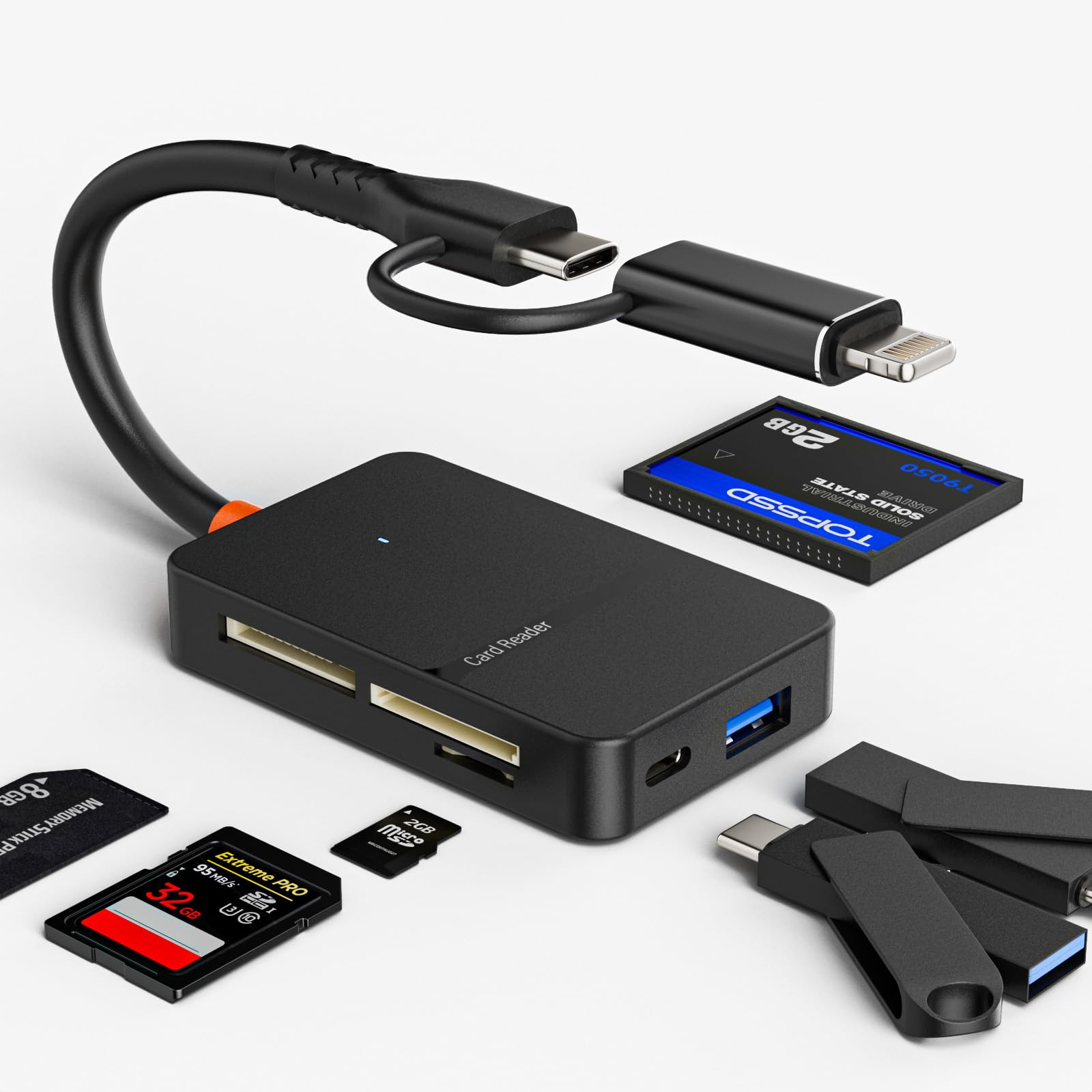 Memory Card Reader, 8 in 1 USB 3.0 and Lightning to SD Micro SD MS CF Card Reader Adapter with 5Gbps USB-A/C Data Ports, 4 Cards Simultaneously Read and Write, for iPhone, Laptop, MacBook, iPad