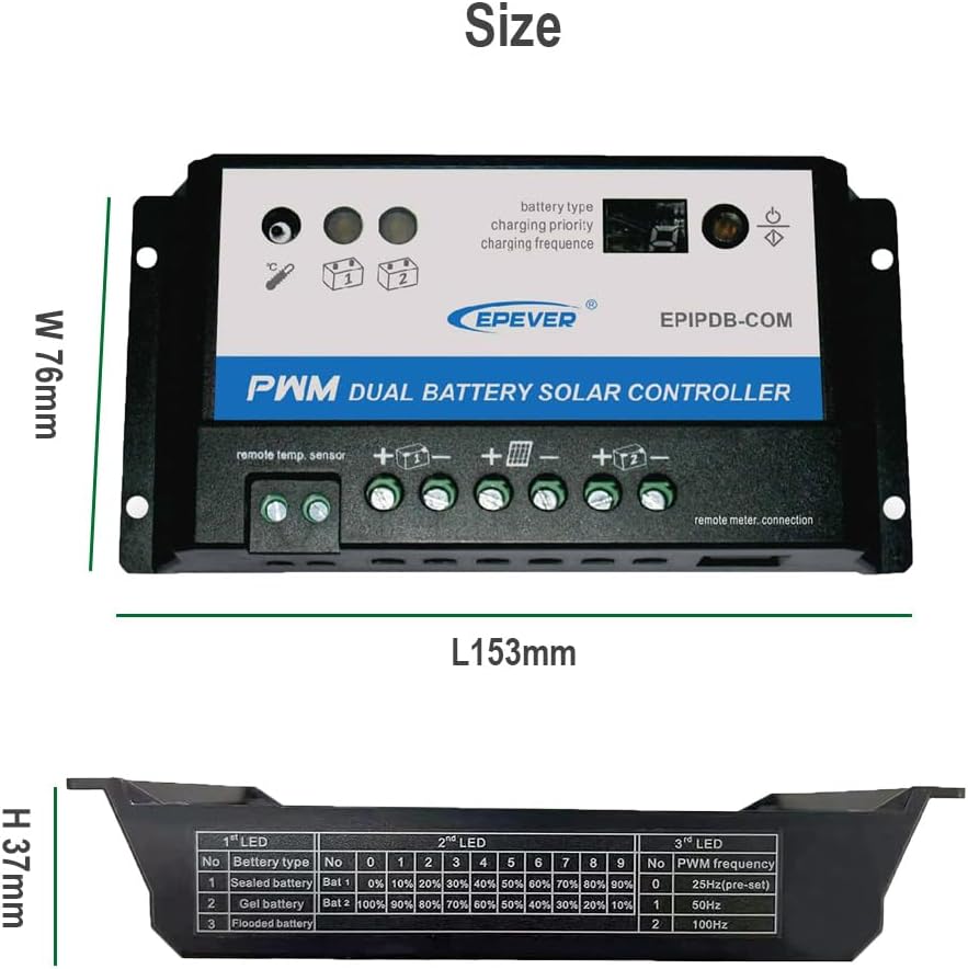 EPEVER EPIPDB-COM controller with dimensions and a table for LED indicators and settings