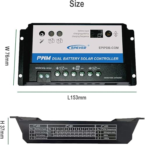 Miniatura 3 de EPEVER EPIPDB-COM Serie Dual Batería Controlador de Carga Solar 20A 12V24V Trabajo Automático para RVs Caravanas y Barcos, etc Sistema de Carga