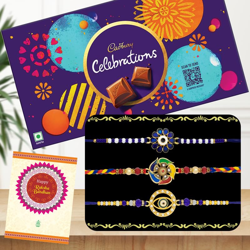 Image of Canton Rakhi With Chocolate Gift Combo, Pack of 3 Designer Rakhi For Brother With Chocolate Gift, Roli & Greeting Card (Design-6, Rakhi With Celebration)