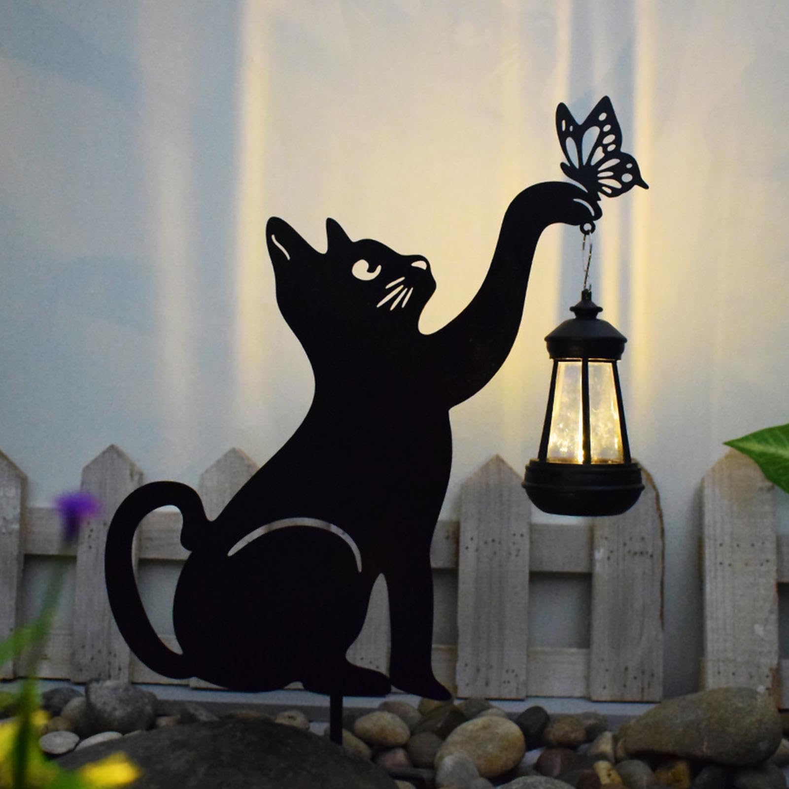 Lampa solarna na zewnątrz – latarnia w kształcie kota | metalowa lampa solarna do podjazdu, ogrodu, podwórka, patio, werandy, tarasu, trawnika, ogrodzenia, chodnika