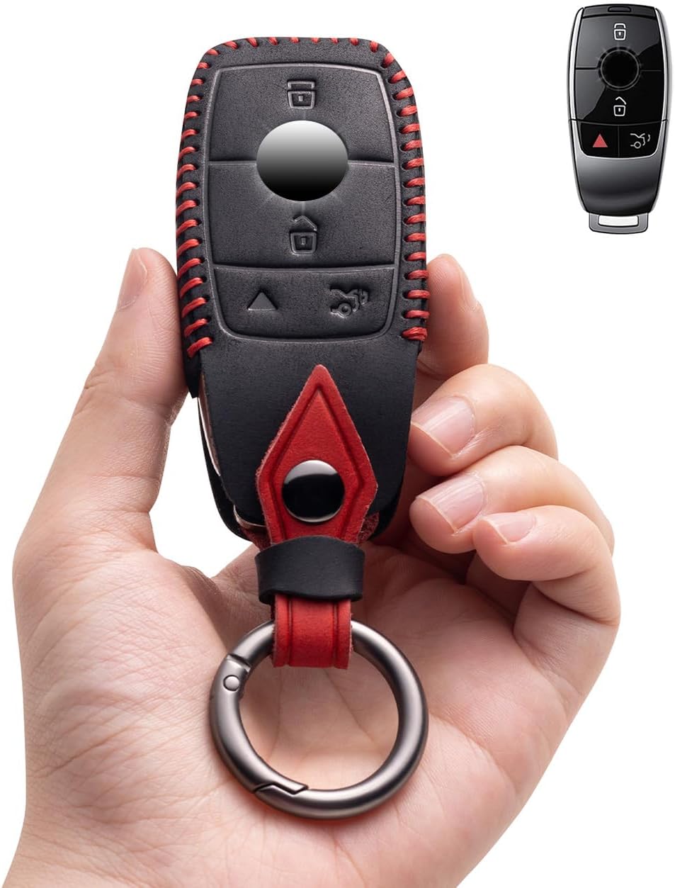 for Mercedes Benz Key Fob Cover Leather Car Key Case Keychain Fob Holder Compatible with Mercedes A, C, E, G, S Class 2017-2024 (Black)