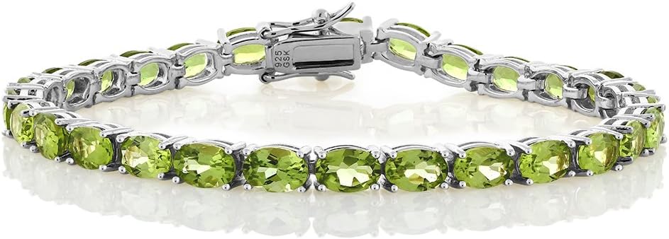 Gem Stone King Green Peridot Tennis Bracelet For Women in 925 Sterling Silver | 12.00 Cttw | Gemstone Birthstone | Oval 6X4MM | Length - 7 Inch