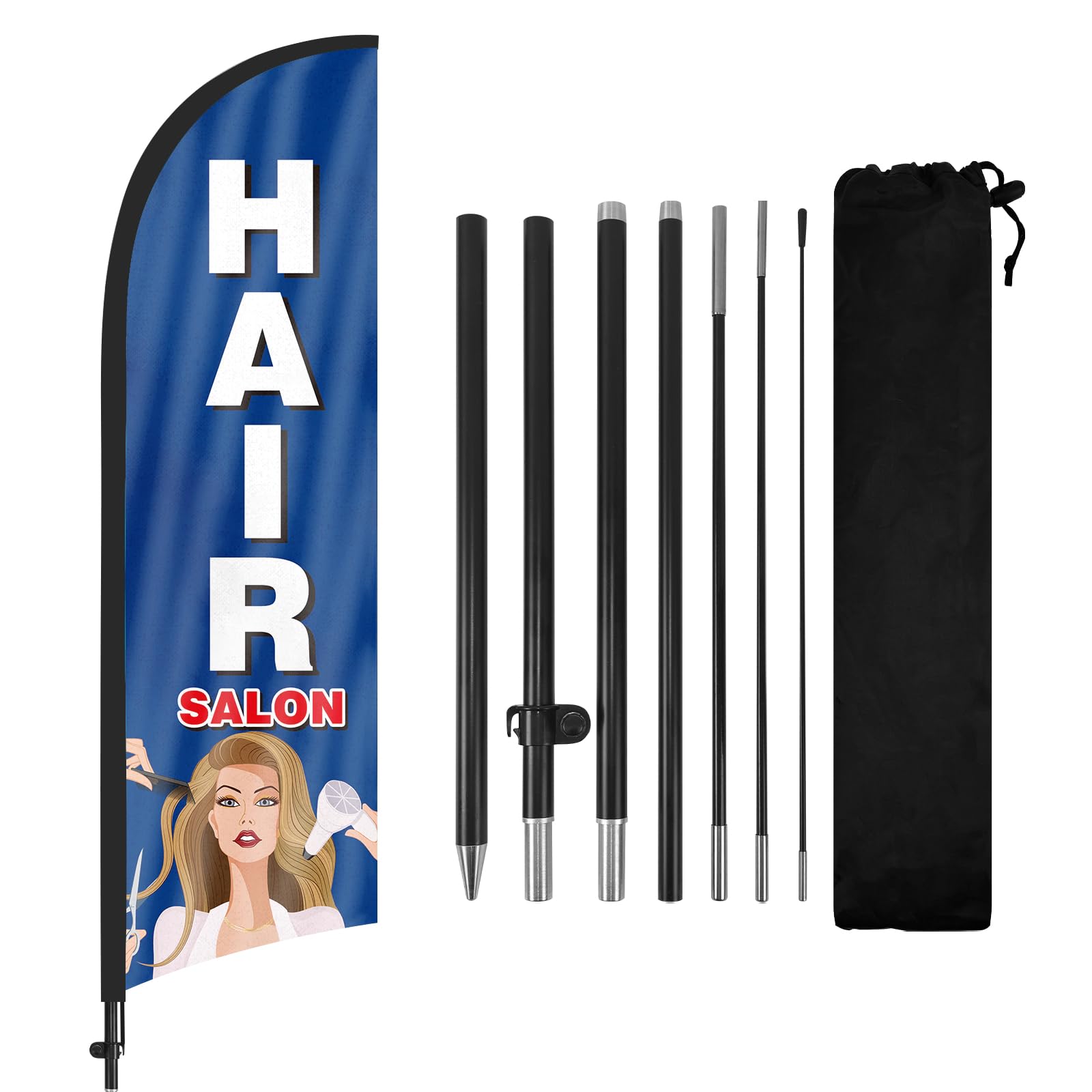 Bandera de plumas de peluquería con kit de mástil de bandera y estaca para el suelo, bandera sin viento de 8.2 pies para peluquería, letrero de negocios para publicidad al aire libre