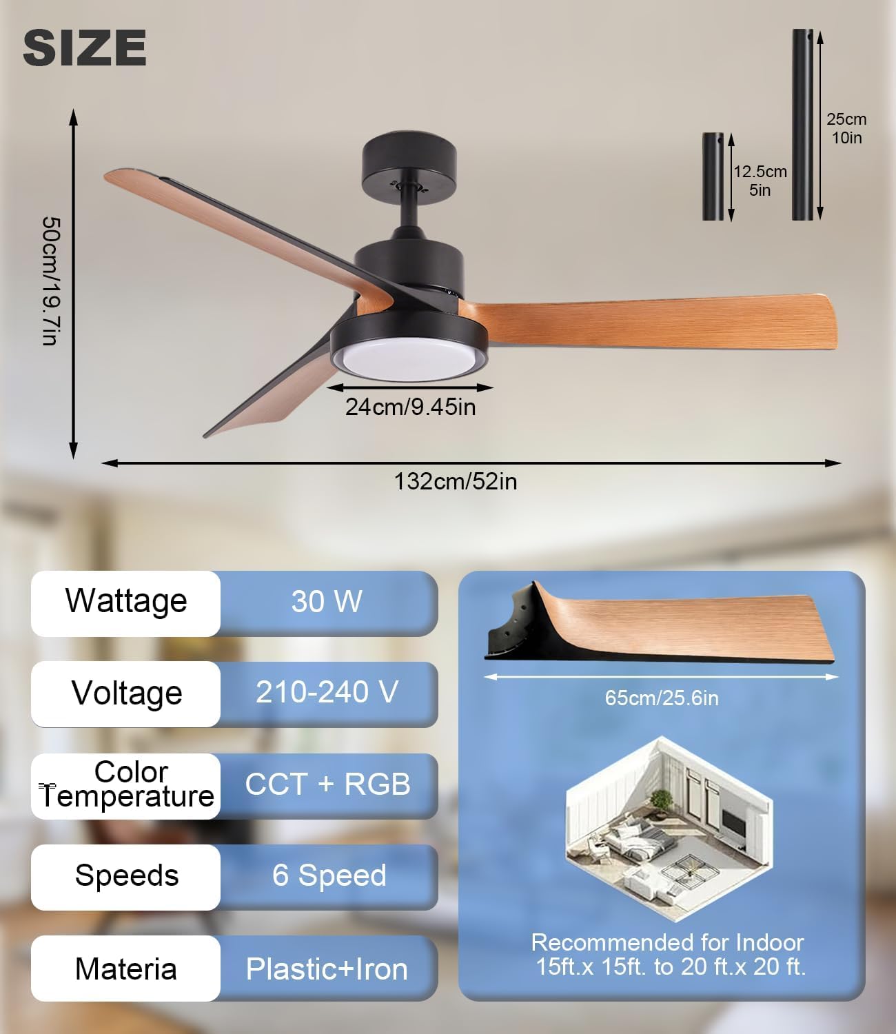 Smart Deckenventilator mit Beleuchtung und Fernbedienung 132cm Leise Lampe mit Ventilator, Dimmbar RGB-Ambientlicht, App & Alexa Steuerung, Reversibel 6 Geschwindigkeit, Lüfterlicht für Schlafzimmer