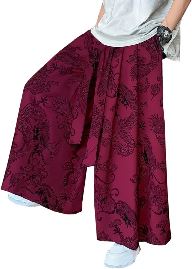 HZCX FASHION Mens Womens Baggy Relax Wide Leg Palazzo Pant Dragon Satin Kung Fu Slacks Casual Trousers Lightweight Yoga Pants