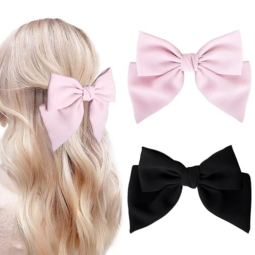 Clips de satén de doble capa para el cabello para mujeres y niñas, 2 pasadores de lazo y accesorios para el cabello (negro, rosa)