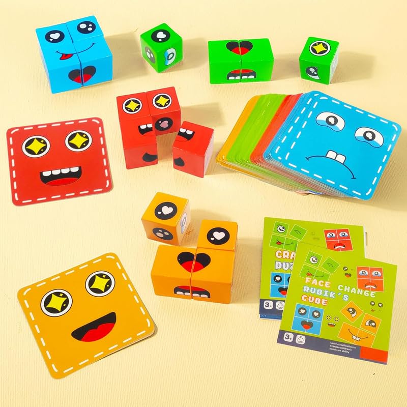 Kidoyz Emoji Cube Puzzle | Wooden Expression Matching Blocks for Kids 3+ Years | 16 Rotating Face Blocks & 72 Challenge Cards | Metal Storage Box | Educational Brain Teaser Toy 1