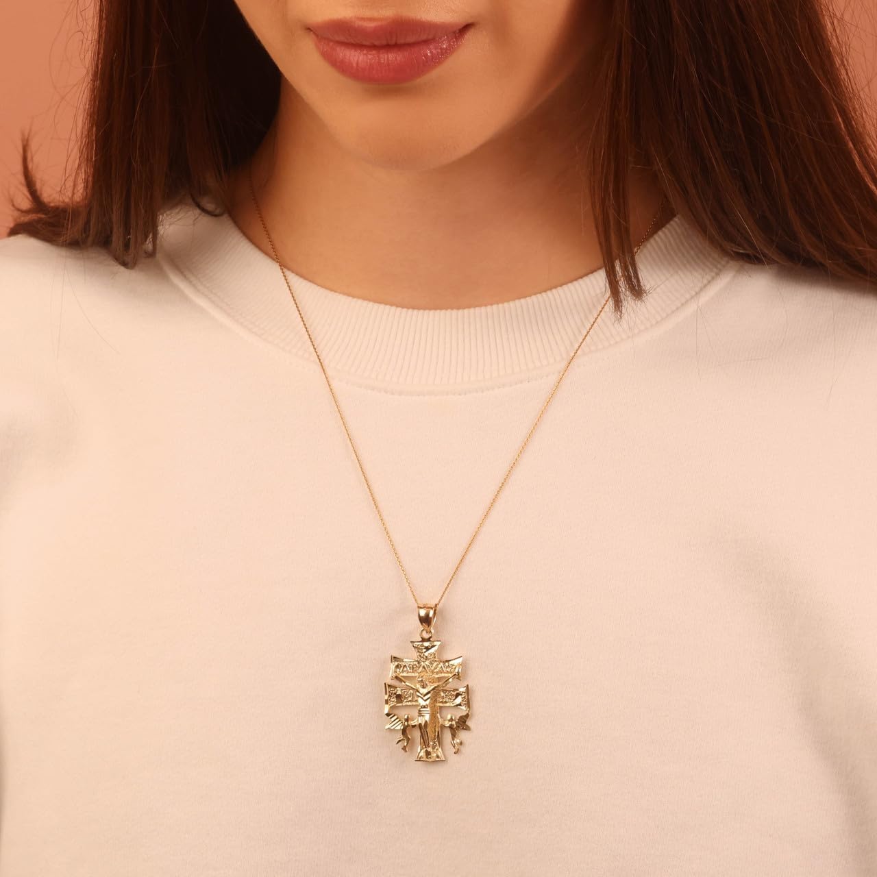 Gold Caravaca Double Cross Crucifix Necklace | 10K or 14K Yellow, Rose, or White Gold | Choice of Pendant Only or Chain Length
