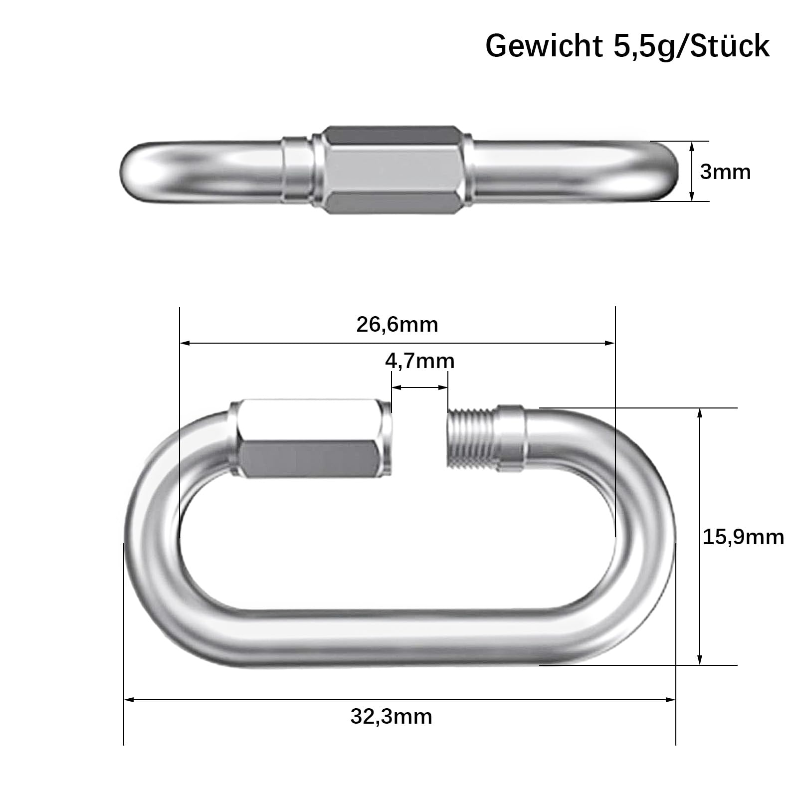 ORTAVA 4 moschettoni a vite, moschettone in acciaio inox, per esterni, altalena, campeggio ed escursionismo, catena in acciaio inox A2 V2