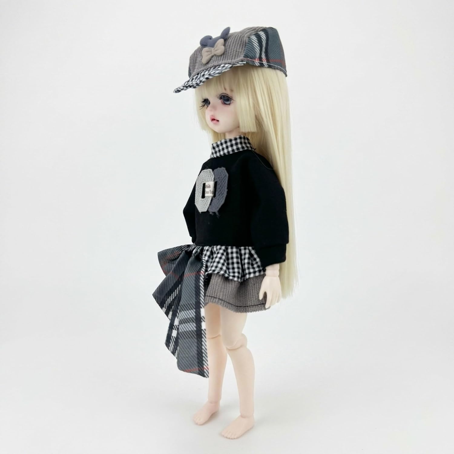 1/6 Scale YoSD Miniature Dark Casual Outfit BJD Doll Clothes Asymmetrical Black Plaid Dress and Cap Set for Adult Collectors
