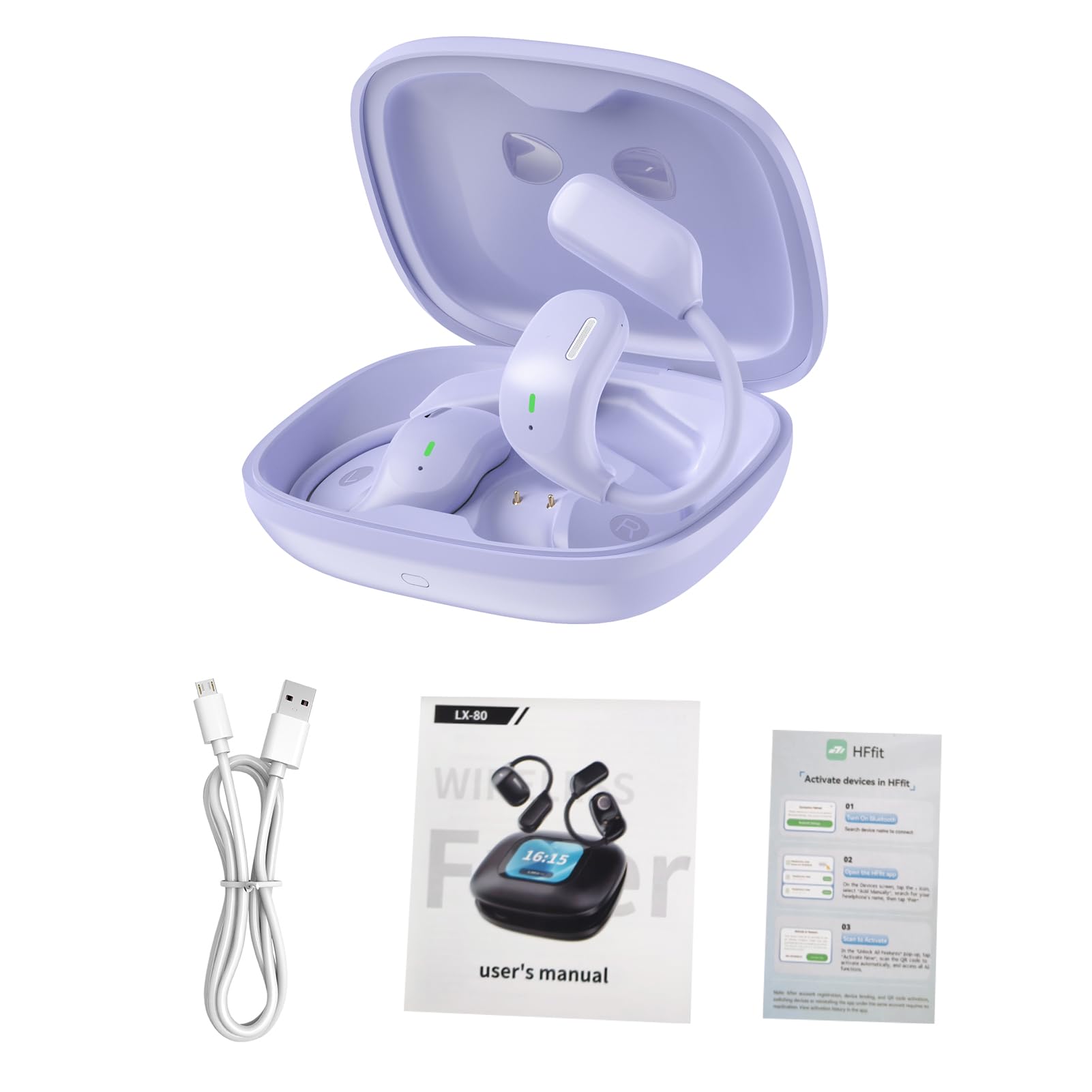 Auricolari Wireless con Gancio per L'orecchio, Comode Cuffie per Traduzione AI con Sottotitoli in Tempo Reale, Cuffie da Gioco a Bassa Latenza Allenamenti/viaggiatori (Viola)