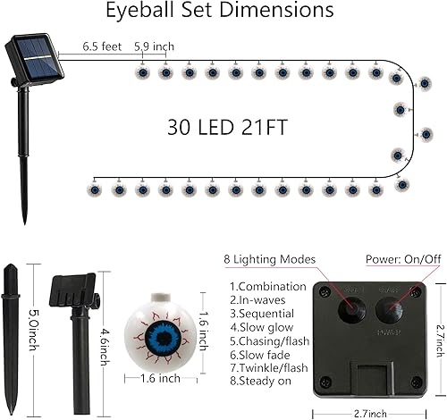 Miniatura 2 de Guirnalda de luces solares de globos oculares para decoración de Halloween, 8 modos de luces solares de Halloween con 30 luces LED aterradoras, 21