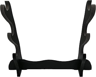 Glac Store® Espositore Supporto Stand Piedistallo 3 Posti Velluto Grigio Scuro Scamosciato da Tavolo per Katana Giapponese Tipo Ultimo Samurai Miyamoto Musashi Kill Bill in Legno e Ricambio