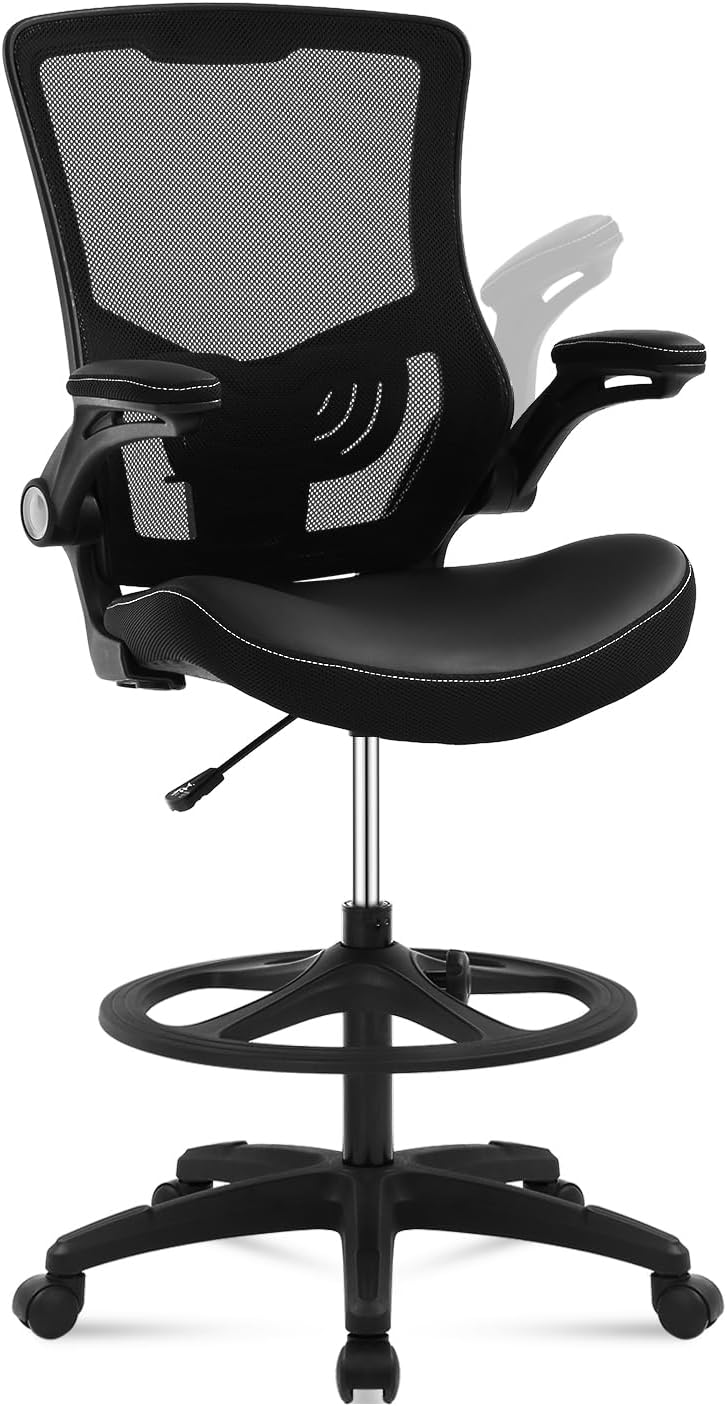 Ergonomic Drafting Chair, Tall Office Chair with Flip-up Armrests, Breathable Mesh High Desk Chair with Lumbar Support Adjustable Footrest Ring for Standing Desk, Black