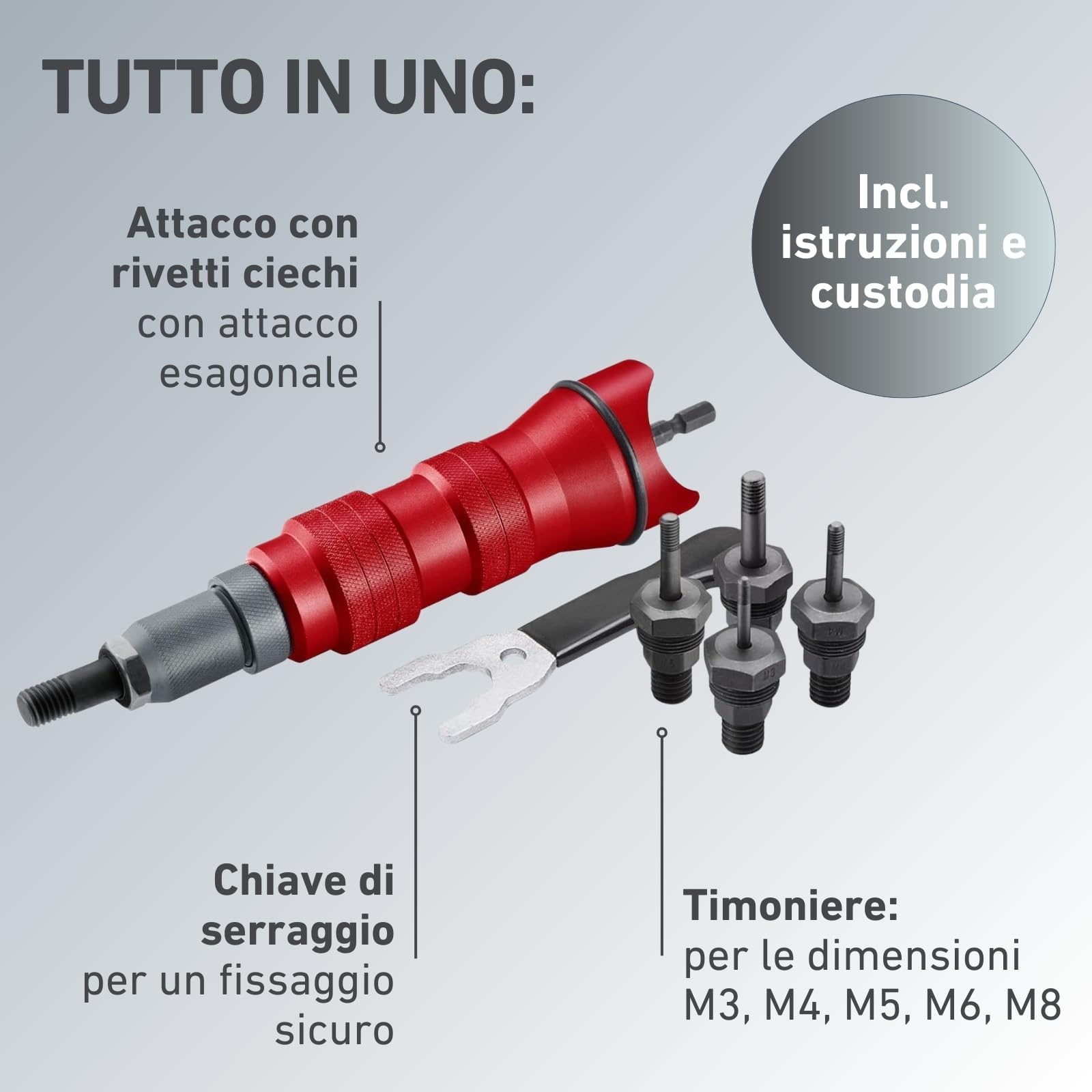 Accessorio per dado rivetto per avvitatrice a batteria e trapano I Rivettatrice per dadi in alluminio, acciaio e acciaio inox I Per rivetti ciechi con inserti M3-M8 I Adattatore
