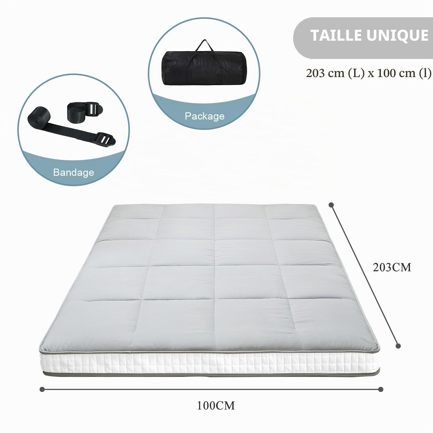 SUNYRISY Matelas futon japonais - Matelas de sol épais et pliable - Surmatelas enroulable - Tatami - Pour chaise longue de sol, lit d'invités pour camping, canapé, voiture - Gris - 1 place