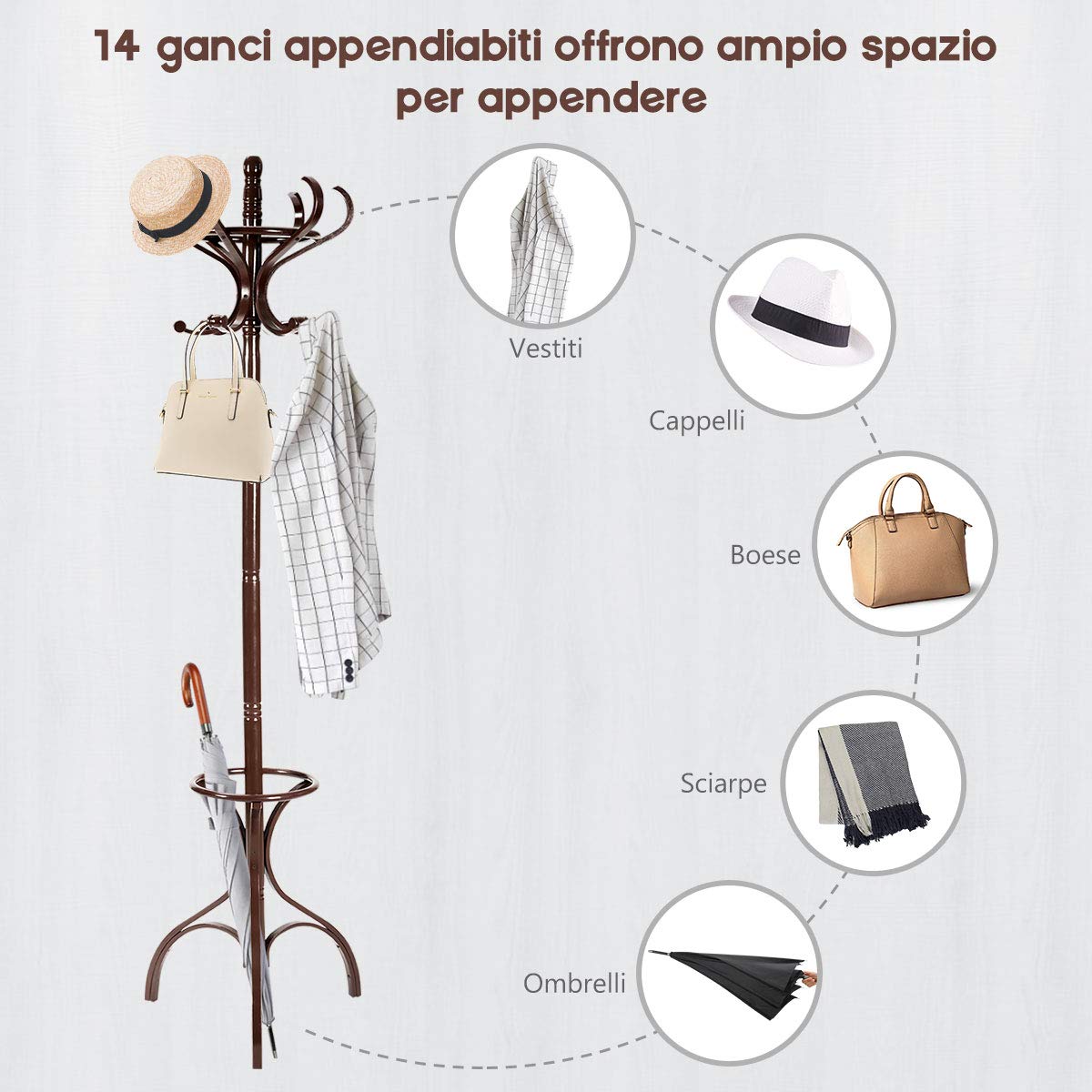 GYMAX Attaccapanni da Terra, Appendiabiti in Legno con Portaombrelli e 12 Ganci, per Ufficio, Soggiorno e Camera da Letto, 48 x 48 x 182 cm (Marrone rossiccio)