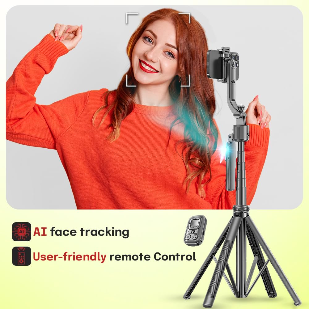 Orbitech AI Face Tracking Tripod with Gesture Control, 360° Rotating Selfie Stick, Adjustable Stand for iPhone & Android, Great for Video Recording, Content Create, Live Streaming (68-Inch)