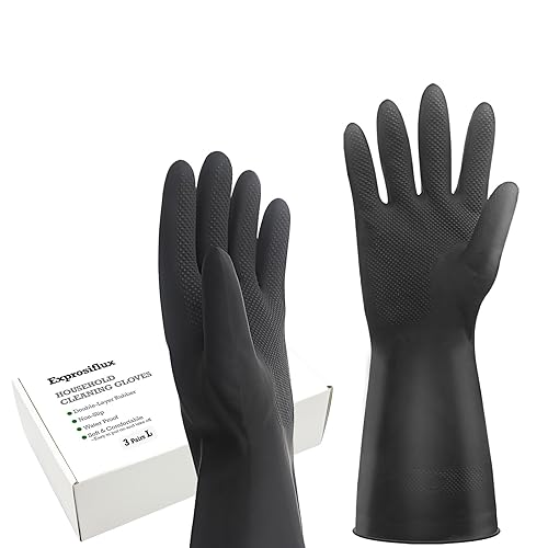 Miniatura 7 de Guantes de limpieza de goma gruesos, 3 pares de guantes de goma negros para lavar platos, grandes, guantes de cocina antideslizantes para lavar