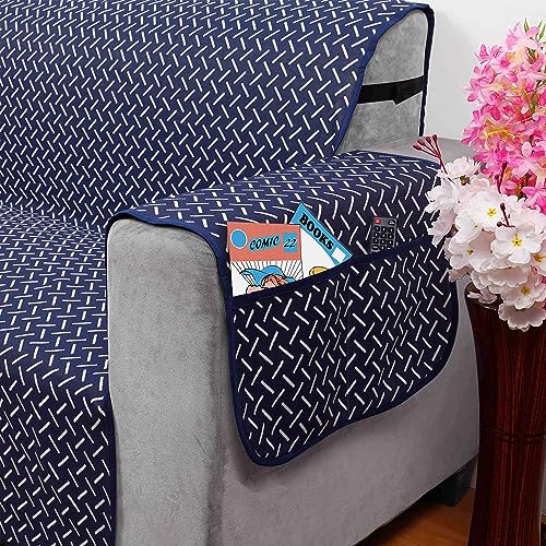 Image of DREAM KING 3 Layers 300 GSM Waterproof Reversible Sofa Cover Single Seater with Pockets | Dust Protective Soft Fabric Sofa Seat Cover Navy Blue & Grey