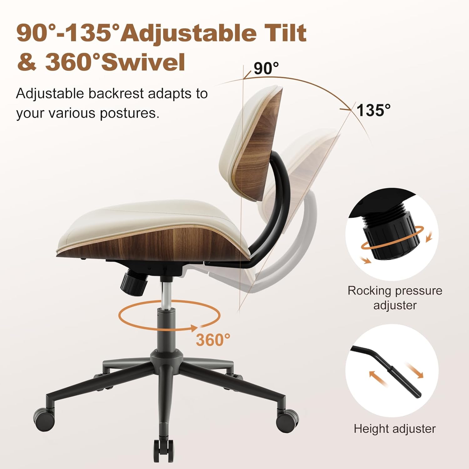Armless Office Chair with Wheels, PU Leather Adjustable Height Desk Chair - 360° Swivel Ergonomic Computer Chair for Small Space, Modern Walnut Style, Home & Meeting Room, Beige - Image 3