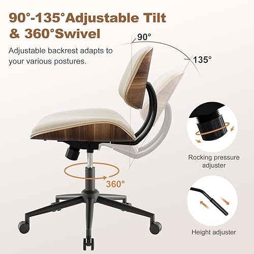 Miniatura 3 de Silla de oficina sin brazos con ruedas, silla de escritorio de piel sintética de altura ajustable, silla de computadora ergonómica giratoria de 360
