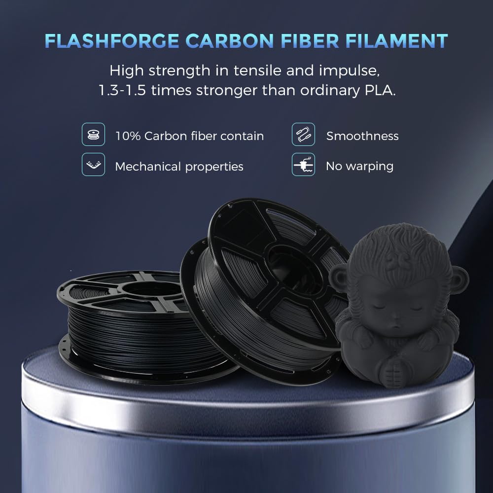 FLASHFORGE Filamento PLA in Fibra di Carbonio 1,75mm, Filamento per Stampante 3D PLA Rinforzato con Fibra di Carbonio, Bobina da 1kg Precisione dimensionale +/- 0,02mm, Alta Resistenza all'abrasione
