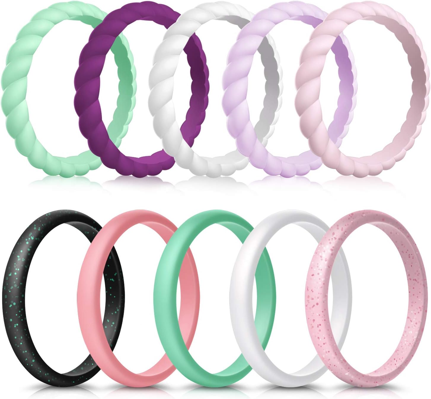 10 Pack Silicone Wedding Ring for Women, Thin and Braided Rubber Band, Fashion, Colorful, Comfortable fit, Skin Safe
