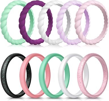 Forthee 10Pack Silicone Wedding Ring for Women, Thin & Braided Rubber Band | Stackable Silicone Rings for Her, Comfort Fit Breathable Rubber Engagement Ring, Womens Silicone Anniversary Ring, Skin Safe