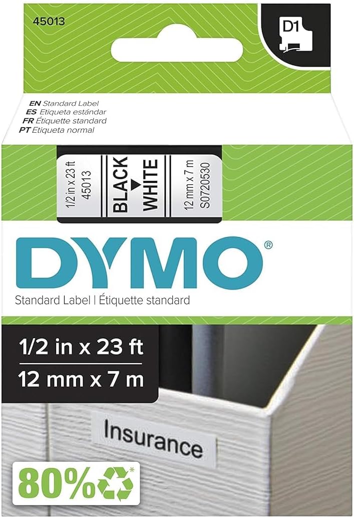 Dymo Compatible Labeling Tape, �" x 23', (12MM X 7MTR) Black Print on White Tape (45013) D1 Label Cassette, Split Back Easy Peel Adhesive