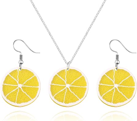 ONLYJUMP Charm Lemon Earrings Glow Necklace Set for Women Statement Lime Green Wedge Slice Realistic Citrus 3D Dangle Earrings Sweet Lightweight Fruit Necklace Fun Lemon Dangle Earrings Jewelry Set Gifts
