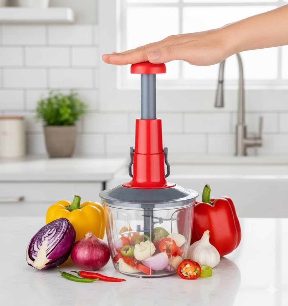 2-in-1 Manual Cord & Egg Mixer 650ml | Easy Push Hand Chopper & Egg Beater with 3 Stainless Steel Blades | BPA Free Food Grade Kitchen Mixer for Chopping, Whisking & Blending-image-14