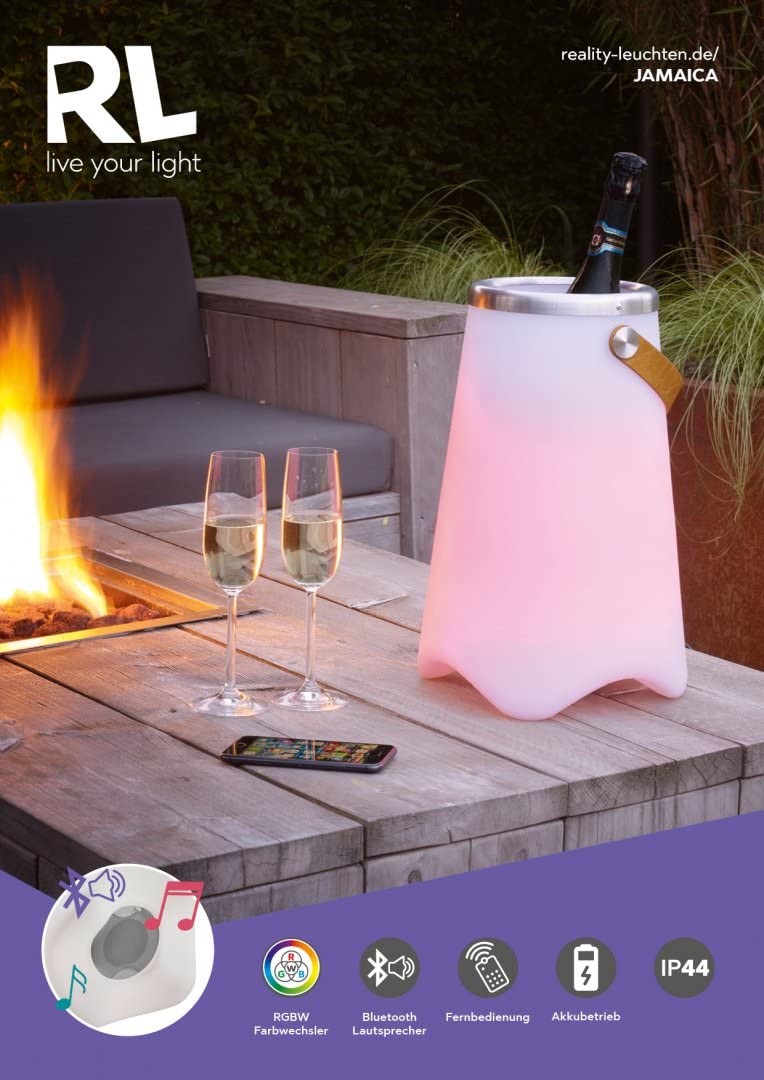 Reality Leuchten Jamaica R55086101 - Lámpara de mesa LED para exteriores con función de enfriador de champán (plástico, blanco, altavoz Bluetooth, RGBW, cambio de color)