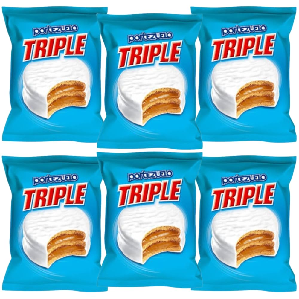 6-Pack Portezuelo Triple Alfajor Cookie, Nieve Sugar Coated Filled With Dulce de Leche, 60 g / 2.11 Oz