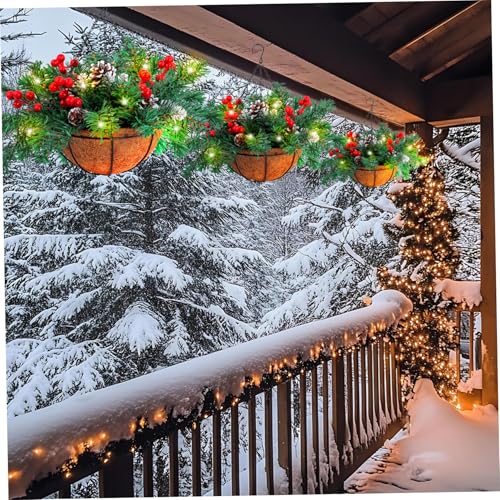 Panier suspendu Noël extérieur lumineux avec pommes de pin et baies artificielles - 7