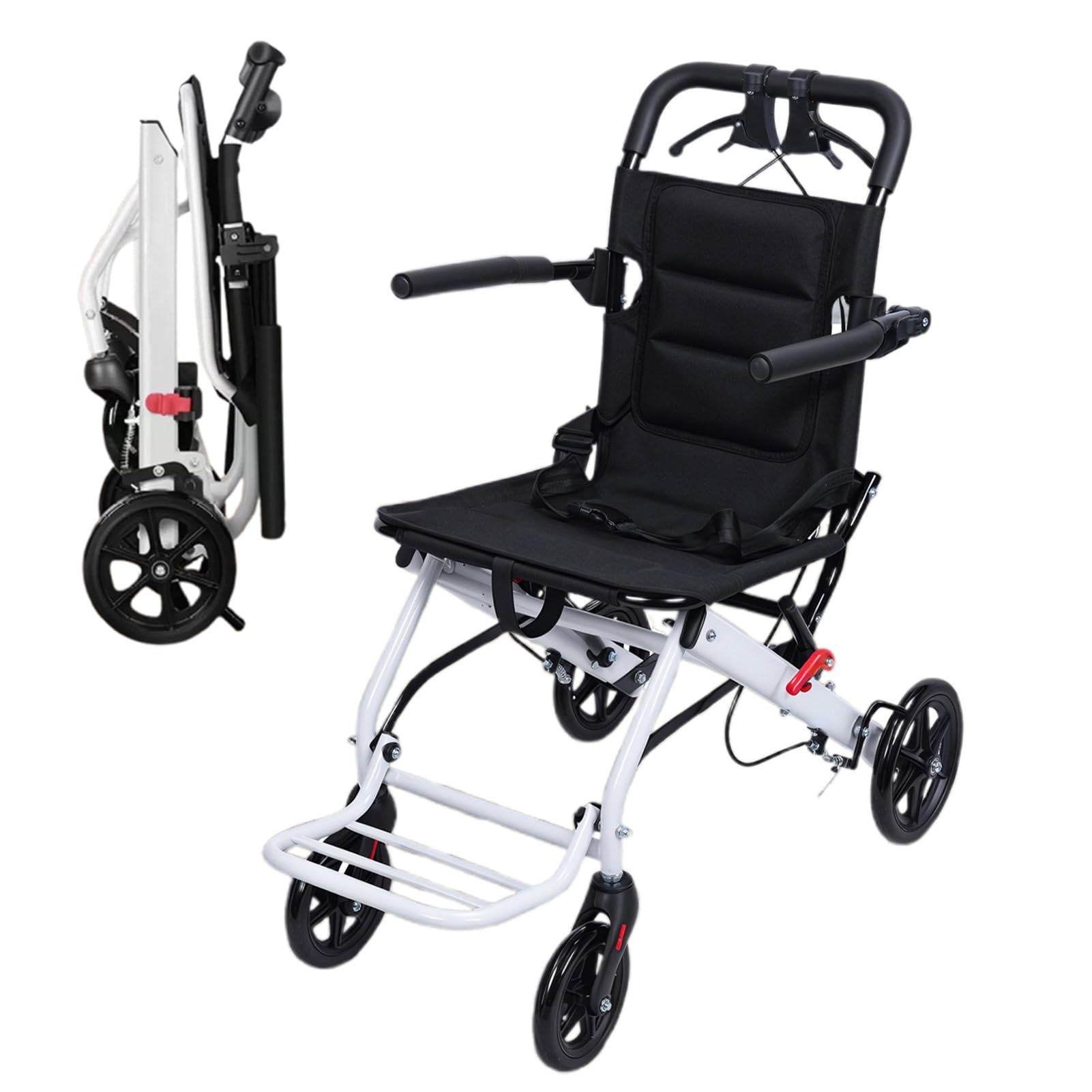 Fauteuil roulant pliant pour adultes, chaise de voyage portable légère avec conception ergonomique, sangle de sécurité réglable, cadre en aluminium et roues en PU pour une conduite en d