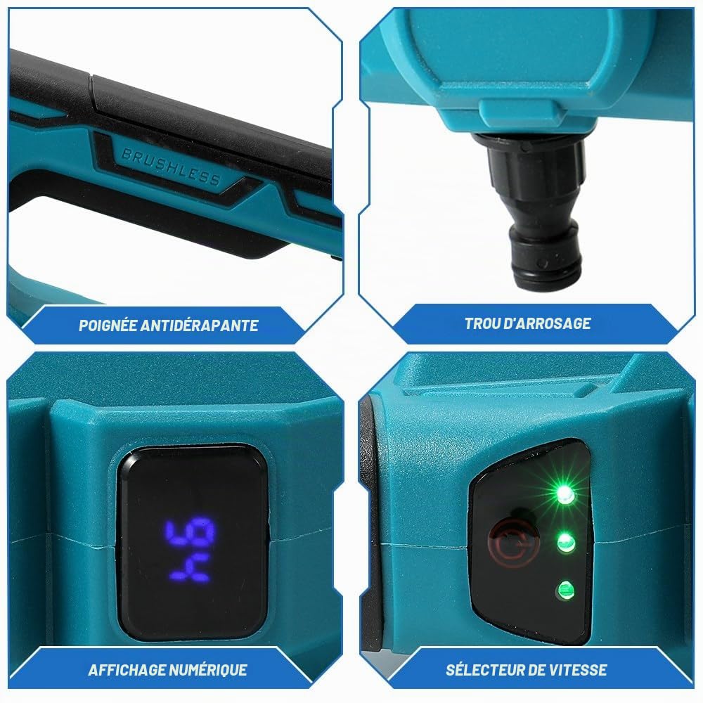 Nettoyeur haute pression sans fil, 100 bar, pour Makita 18 V, portable, avec buse 6 en 1, moteur sans balais de 3500 W, 380 l/h, pistolet de nettoyage à pression portable, pour voiture, maison