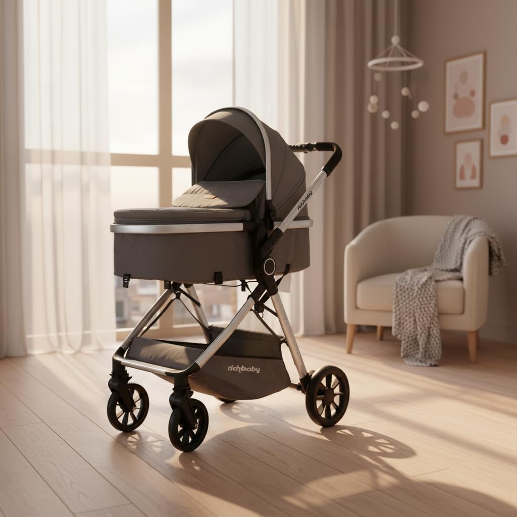 Passeggino 2 in 1 con navicella, compatto, pieghevole, protezione UV