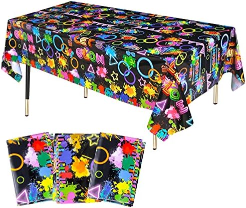 Lcoor 3 Pieces Glow Party Tablecloth,Neon Party Tablecloths Disposable Plastic Glow Table Cloth for Kids and Adult Glow Birthday Party Decorations Supplies 86.6×51.2 inchs