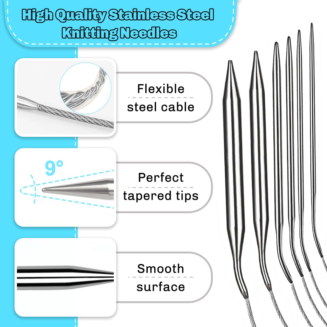 Coopay Set di 9 ferri circolari, in acciaio inox da 120 cm, dimensioni chiare, 2,0-6,0 mm, per principianti, pratici per maglioni e grandi progetti