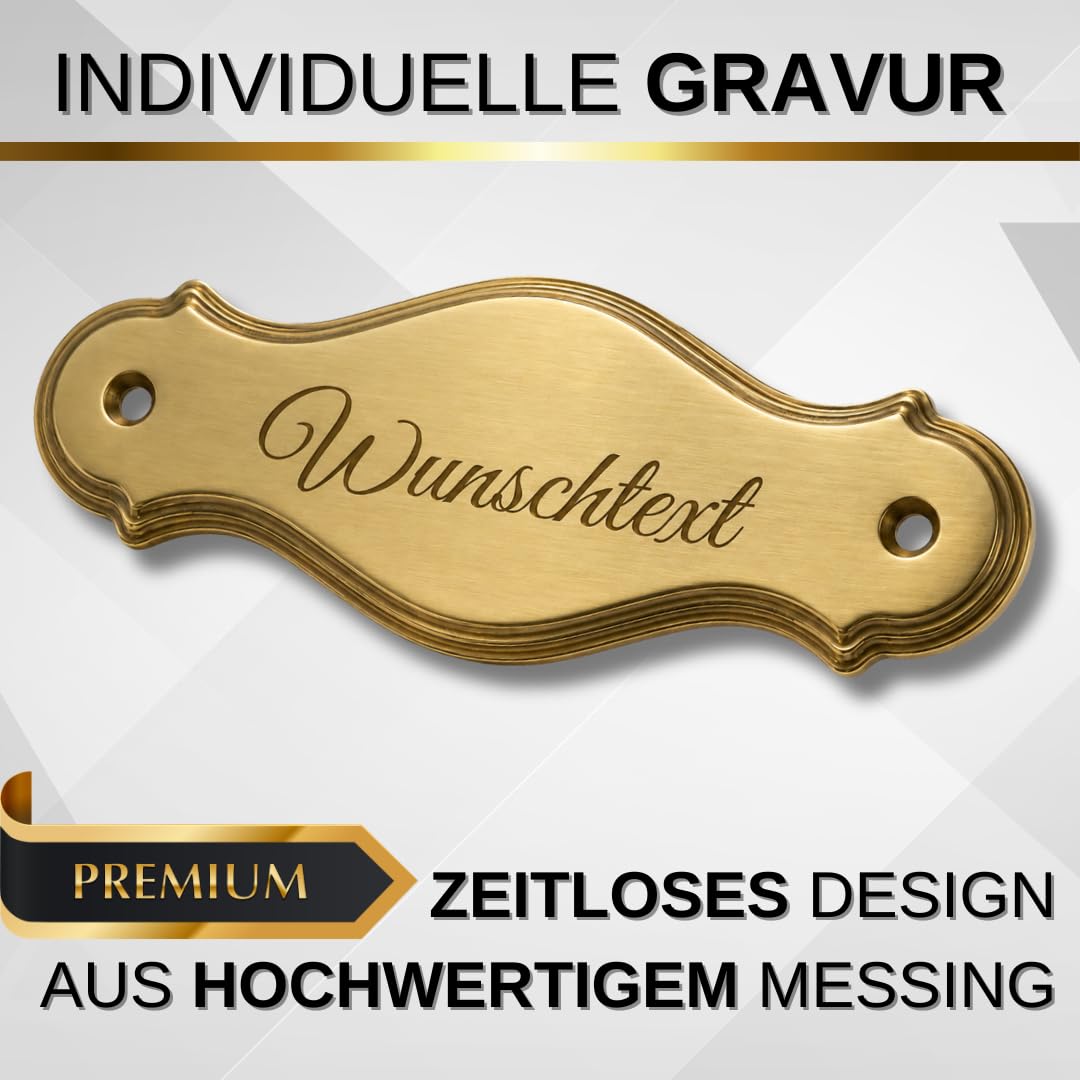 Premium Edel Design Messing Schild personalisiertes Haustür Schild aus Massiv Messing Türschild mit individueller Gravur Limited Edition - L: 13,3 cm, B: 5,1 cm, Ø: 0,5 cm
